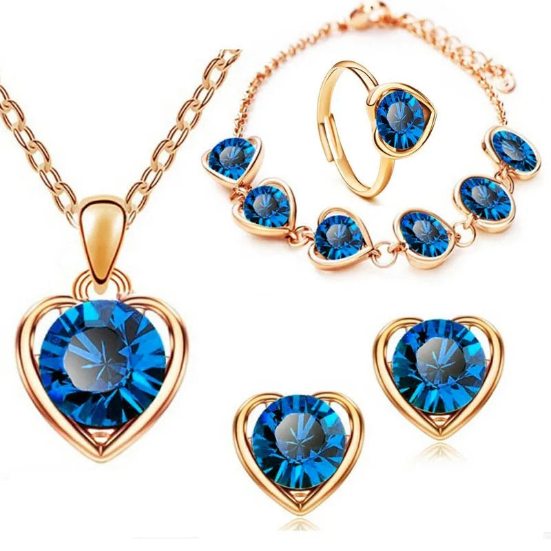 Blue Crystal Jewelry Set - Ring Necklace Earrings Wedding