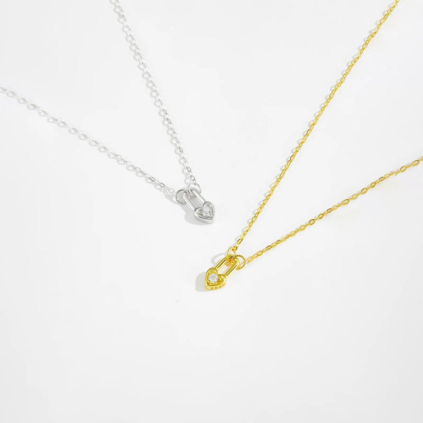 ANDYWEN 925 Silver Heart Padlock Necklace - Square Key Love