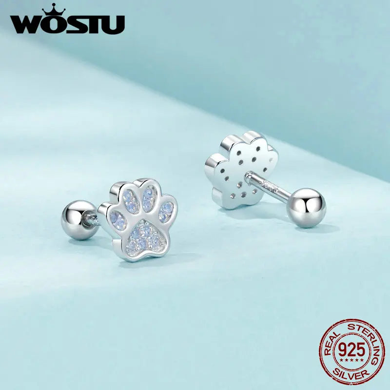 WOSTU 925 Silver Pink Opal Paw Stud Earrings - Pet Lover Gift