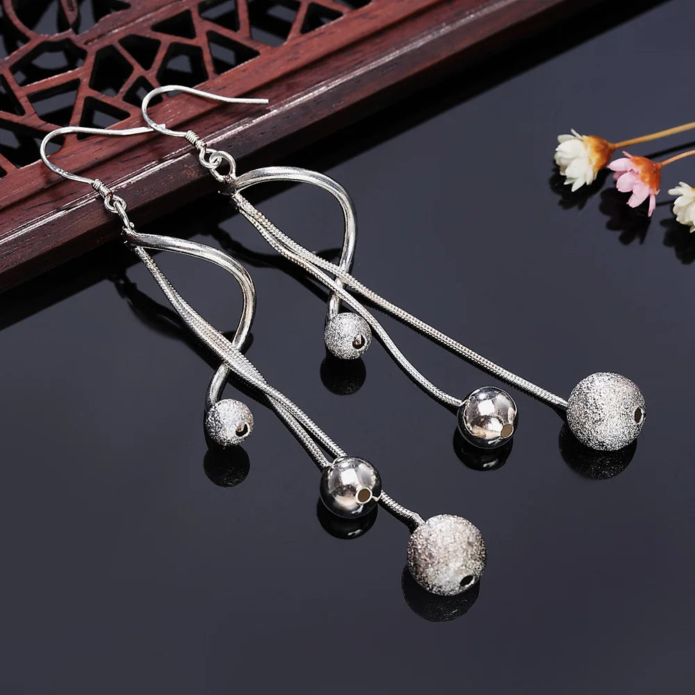 925 Sterling Silver Tassel Bead Earrings - Long Drop
