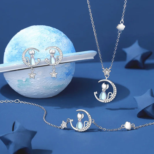 European S925 Silver Cat Moon Set - AAA CZ Sparkling 3PC