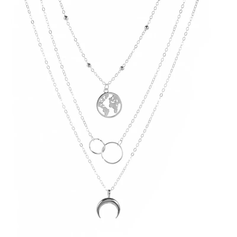 Fashion Retro Moon World Map Necklace - Multilayer Gold Circle