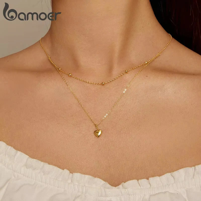 BAMOER 925 Silver Heart Necklace - Gold Double Layer Choker