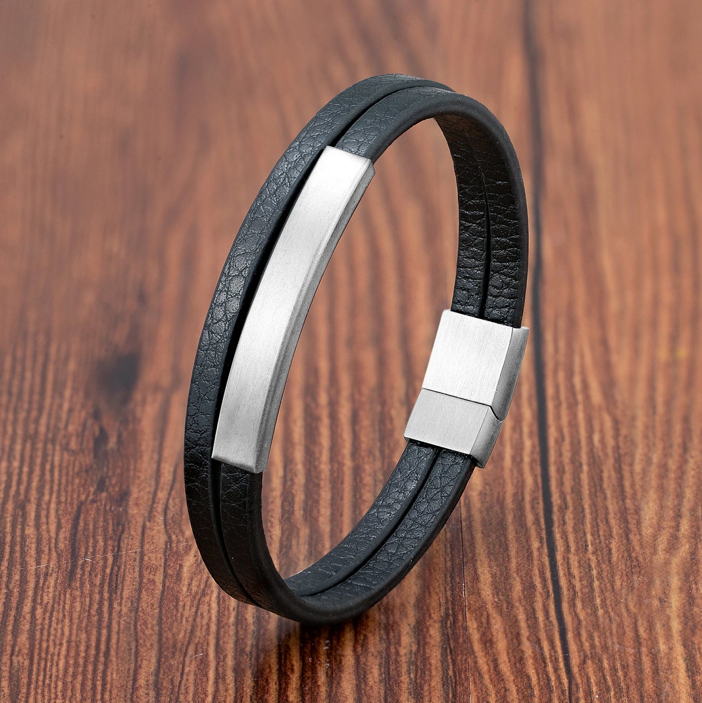 Simple Black Leather Bracelet - Double-Layer Braid Men's