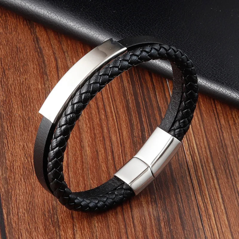 Simple Black Leather Bracelet - Double-Layer Braid Men's
