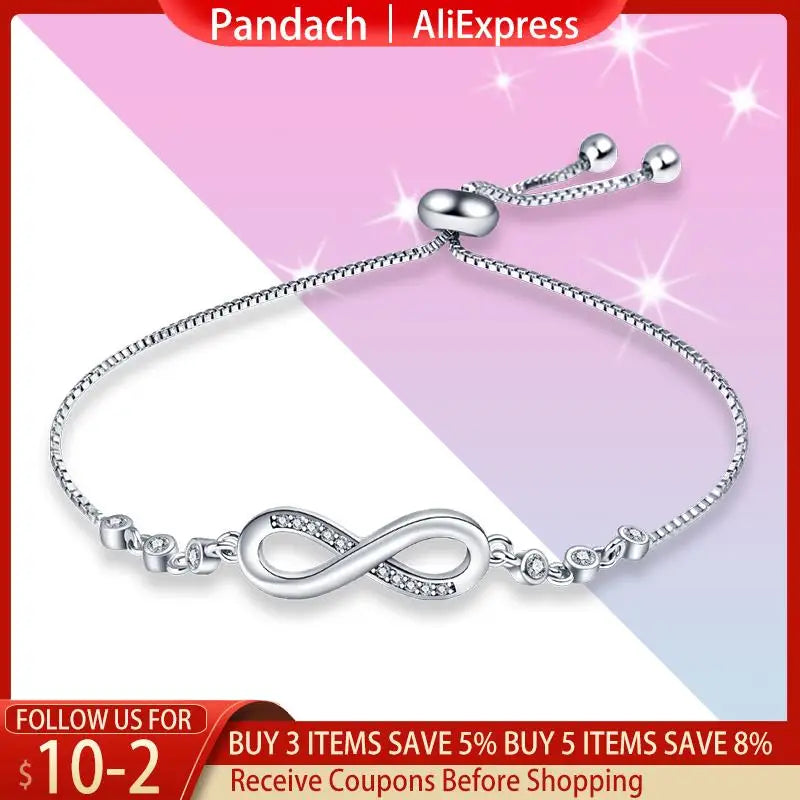 PANDACH 925 Silver Infinity Bracelet - Adjustable 8 Word