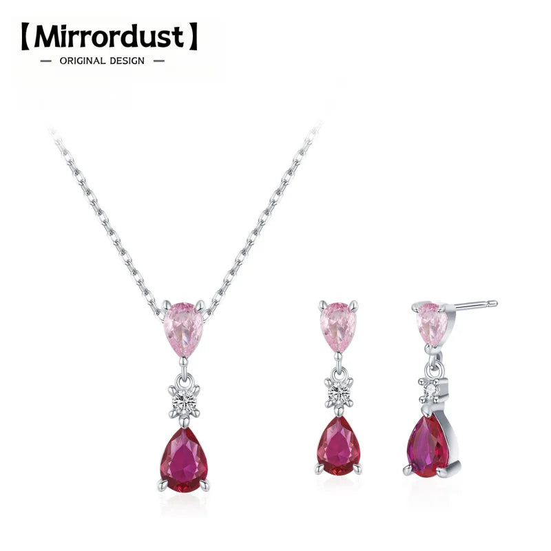 Mirrordust S925 Silver Pink Water Drop Set - Contrast Color Zircon