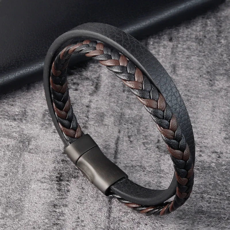 Simple Black Leather Bracelet - Double-Layer Braid Men's