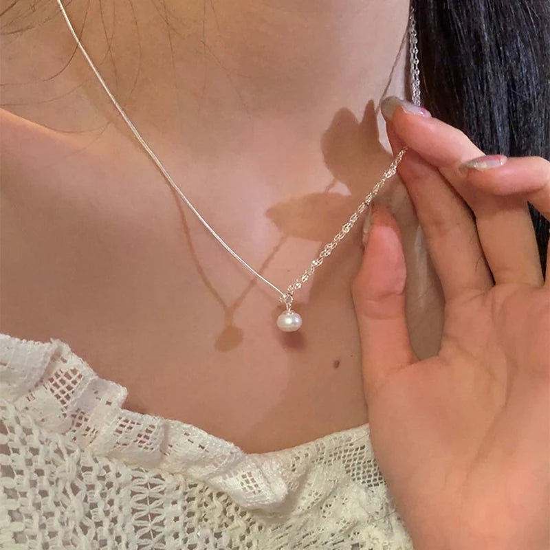 925 Silver Pearl Thin Chain Necklace - Trendy Simple Elegant