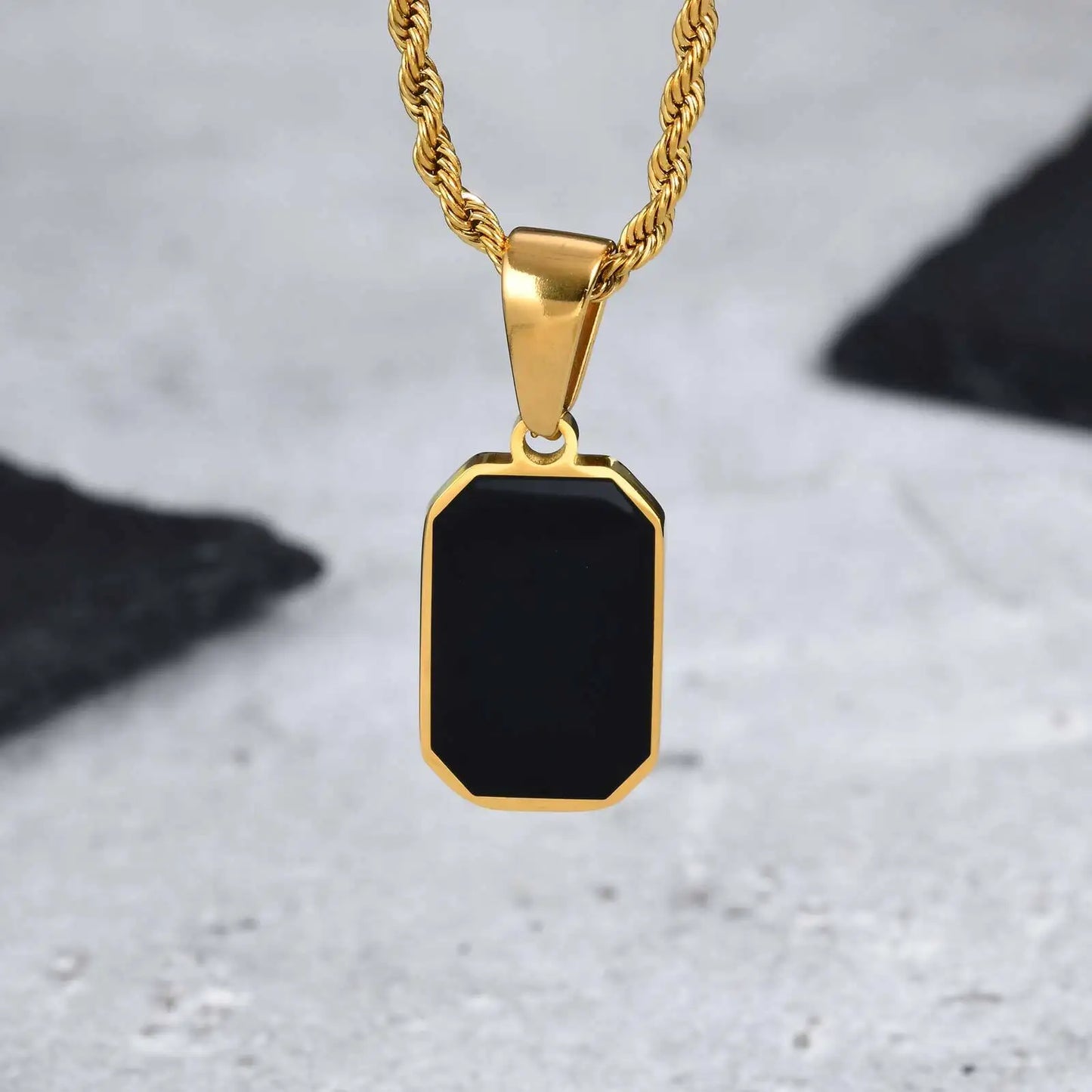 Casual Men's Geometric Square Necklace - Black Enamel Rectangle