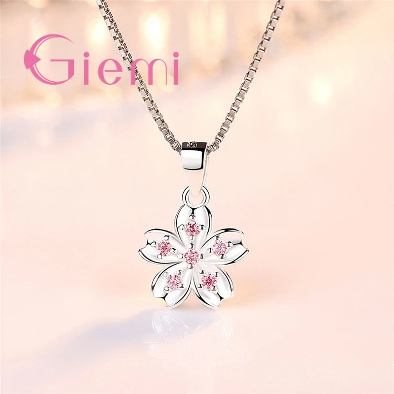 925 Silver Cherry Blossom Pendant Necklace - Pink CZ Five Petals