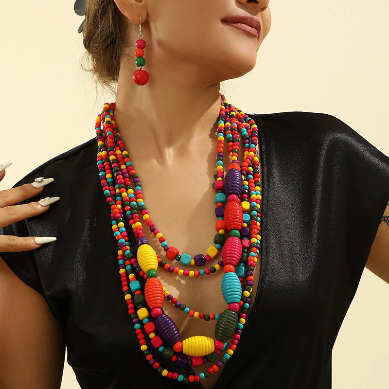 Colorful African Wooden Bead Jewelry Set - Multi-Layer Bohemian