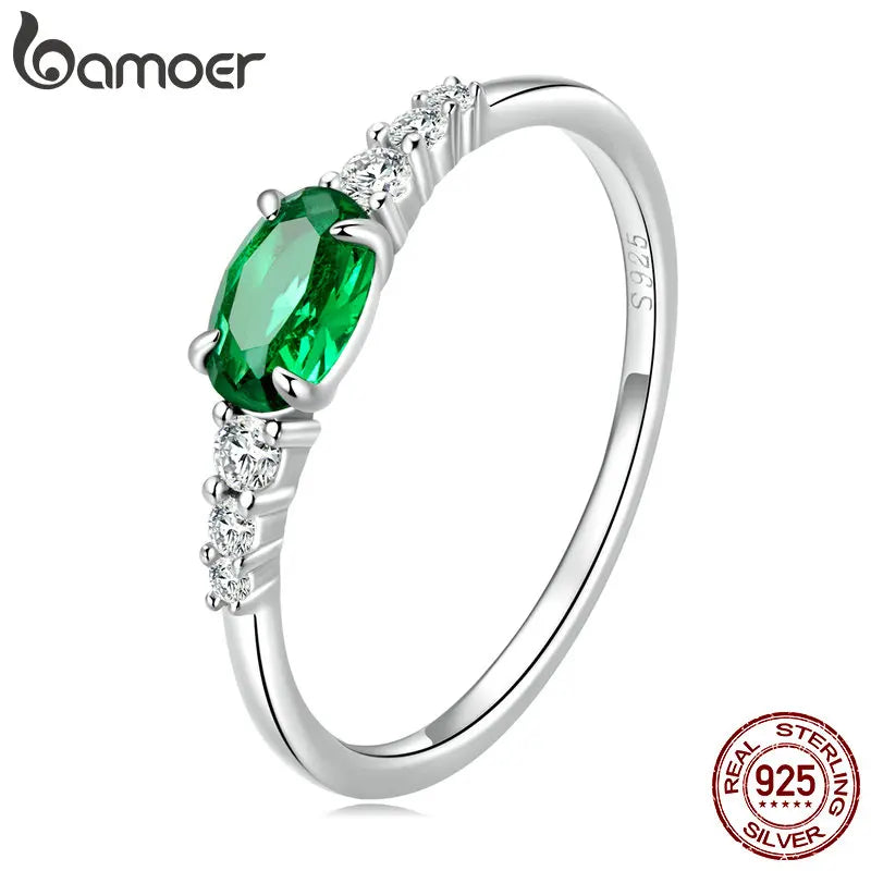 BAMOER 925 Silver Oval Gemstone Ring - Green Pink Zircon