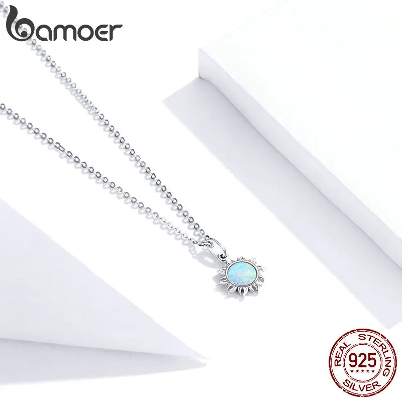 BAMOER 925 Silver White Opal Sun Necklace - Apollo Chain