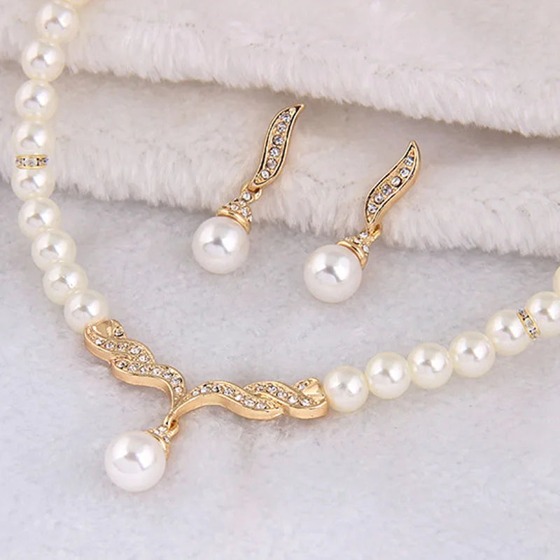 Gold Pearl Bridal Jewelry Set - Necklace & Earrings