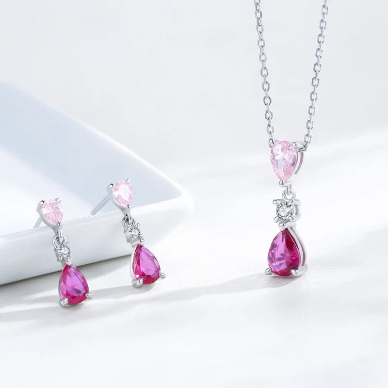 Mirrordust S925 Silver Pink Water Drop Set - Contrast Color Zircon