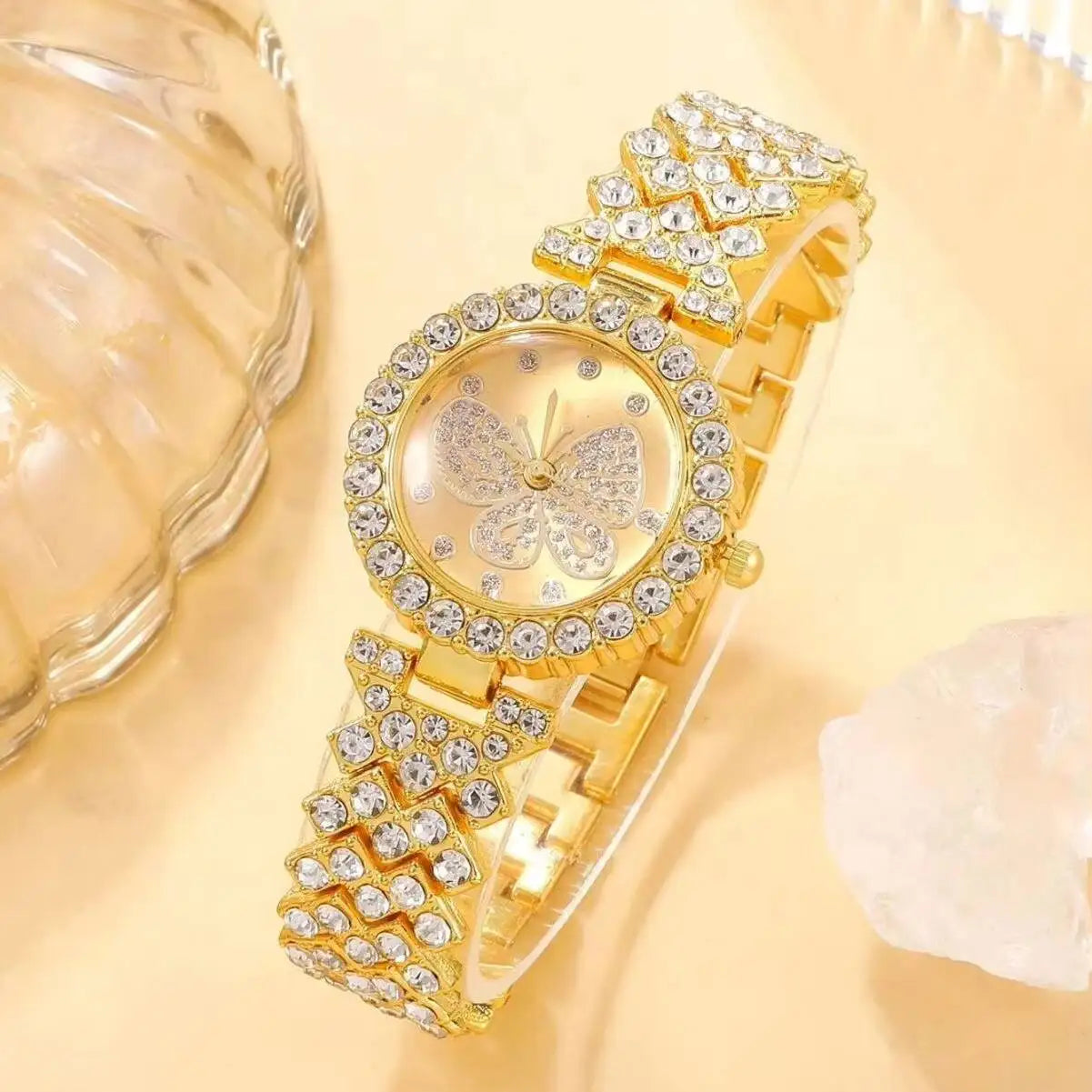 2PC Luxury Rhinestone Butterfly Watch Set - Ladies Quartz