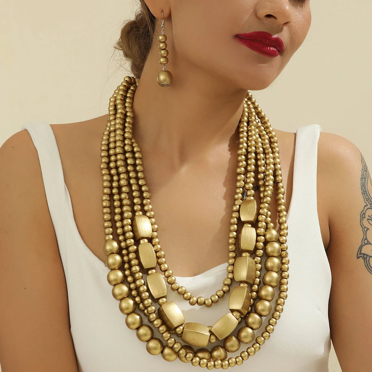 Colorful African Wooden Bead Jewelry Set - Multi-Layer Bohemian