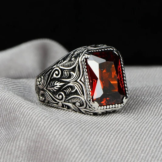 Turkish Signet Ring - Carved Silver with Colored Zircon