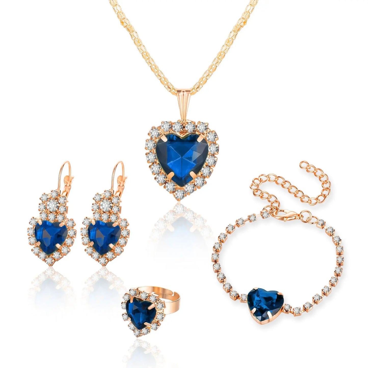 Blue Crystal Jewelry Set - Ring Necklace Earrings Wedding