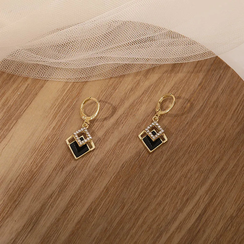 Black Rhombus Drop Earrings - Gold Rhinestone Statement