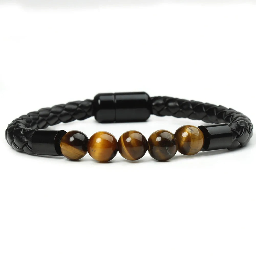 Leather Lava Chakra Bracelet - Black Tiger Eye Magnetic