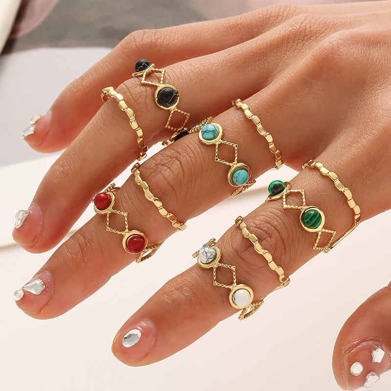 Hollow Out Natural Stone Ring - Stainless Steel Wide Band