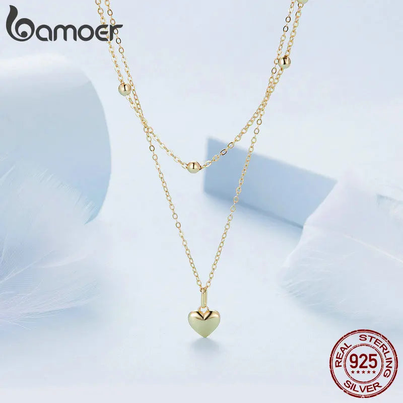 BAMOER 925 Silver Heart Necklace - Gold Double Layer Choker