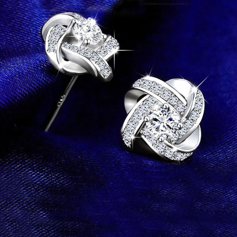 925 Silver Crystal Knot Flower Stud Earrings - Wedding Bijoux