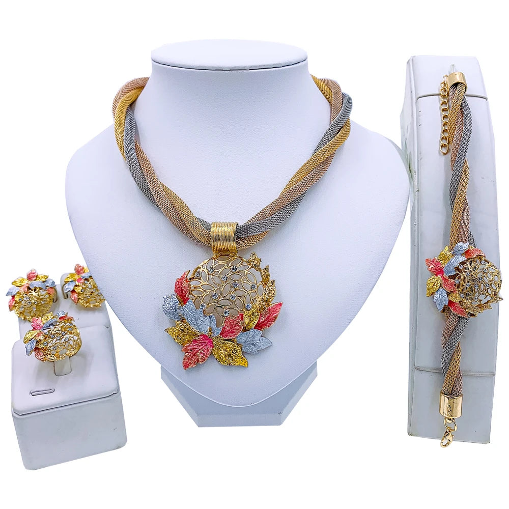 African Dubai Gold Jewelry Set - 4PC Wedding Bridal Flower