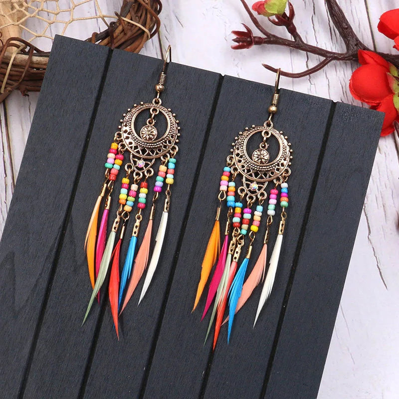 Bohemian Carved Leaf Feather Earrings - Vintage Tassel