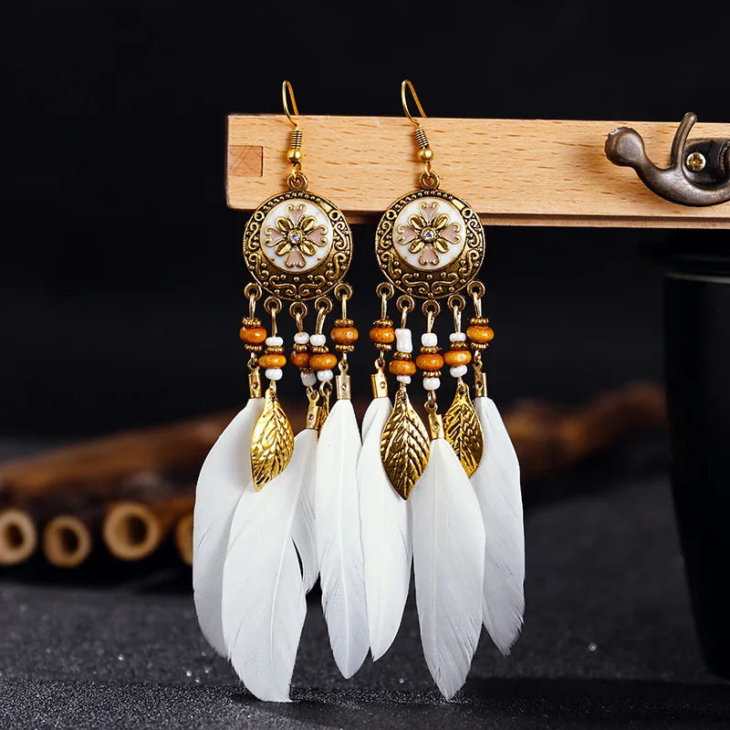 Bohemian Carved Leaf Feather Earrings - Vintage Tassel