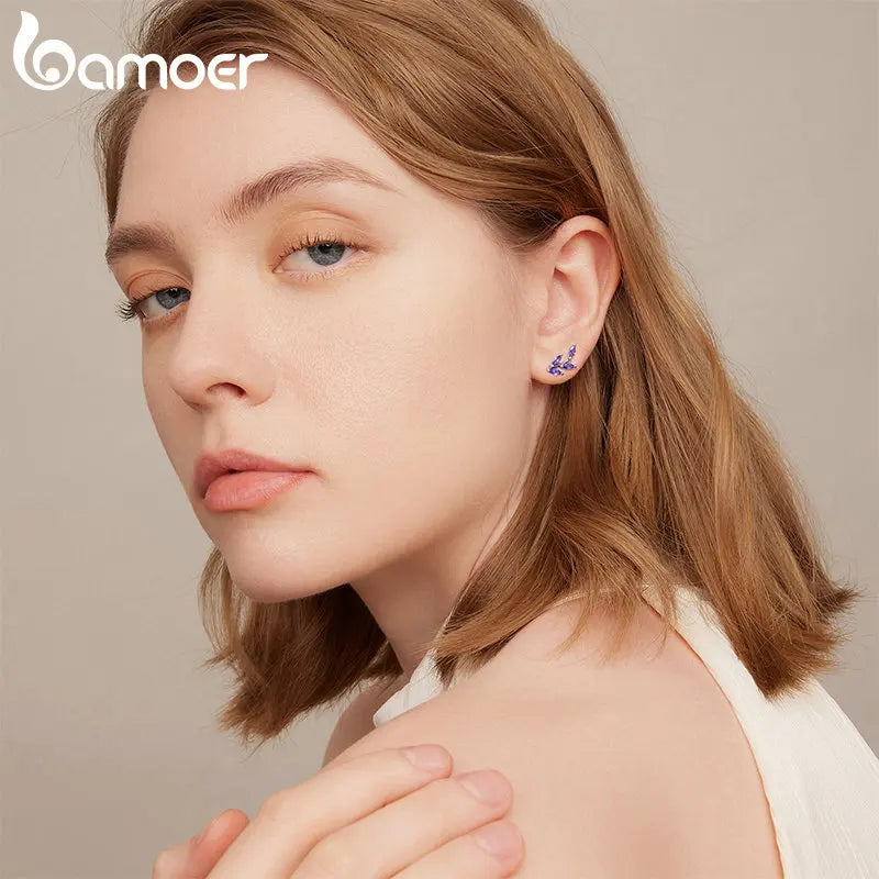 BAMOER 925 Silver Purple Branch Stud Earrings - Statement