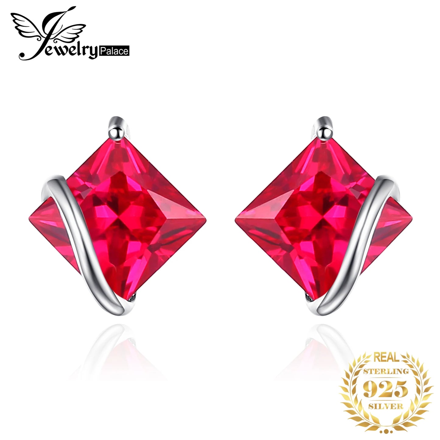 JewelryPalace Square Red Ruby Stud Earrings - 925 Silver Created