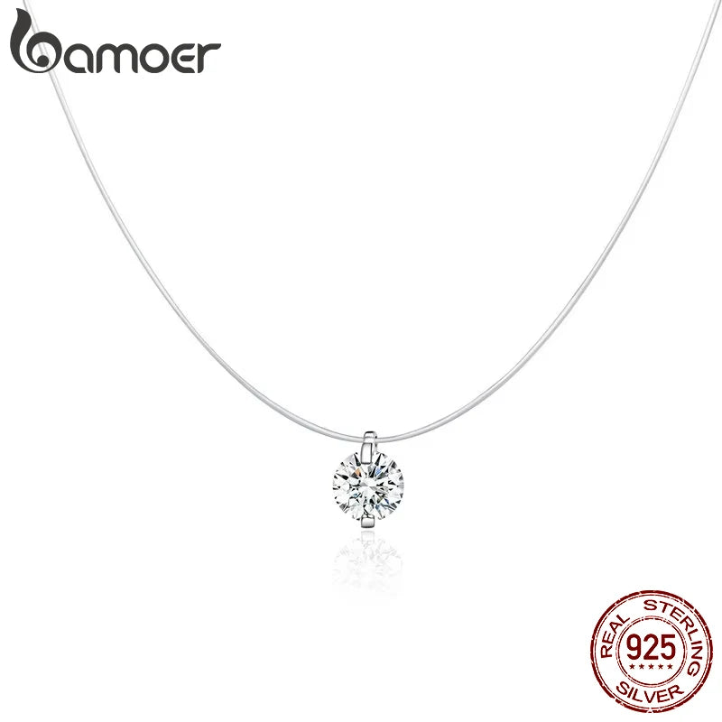 BAMOER Silver Invisible Chain Necklace - Rhinestone Fishing Line