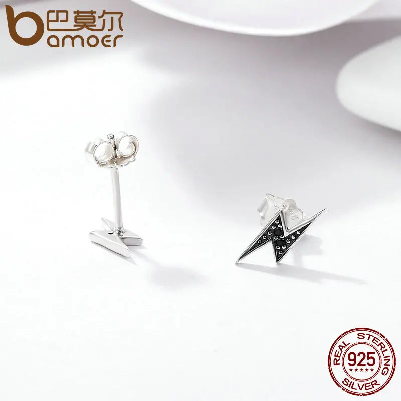 BAMOER 925 Silver Lightning & Black CZ Stud Earrings - Exquisite
