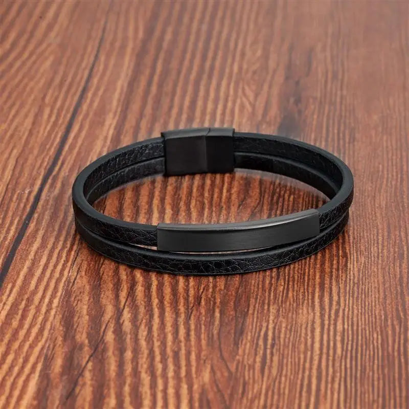 Simple Black Leather Bracelet - Double-Layer Braid Men's