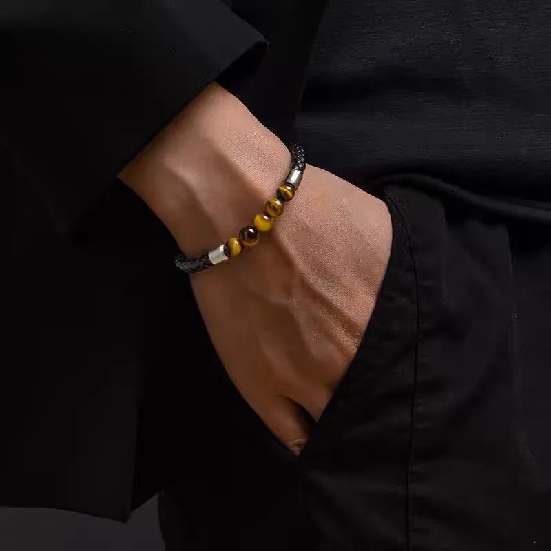 Leather Lava Chakra Bracelet - Black Tiger Eye Magnetic