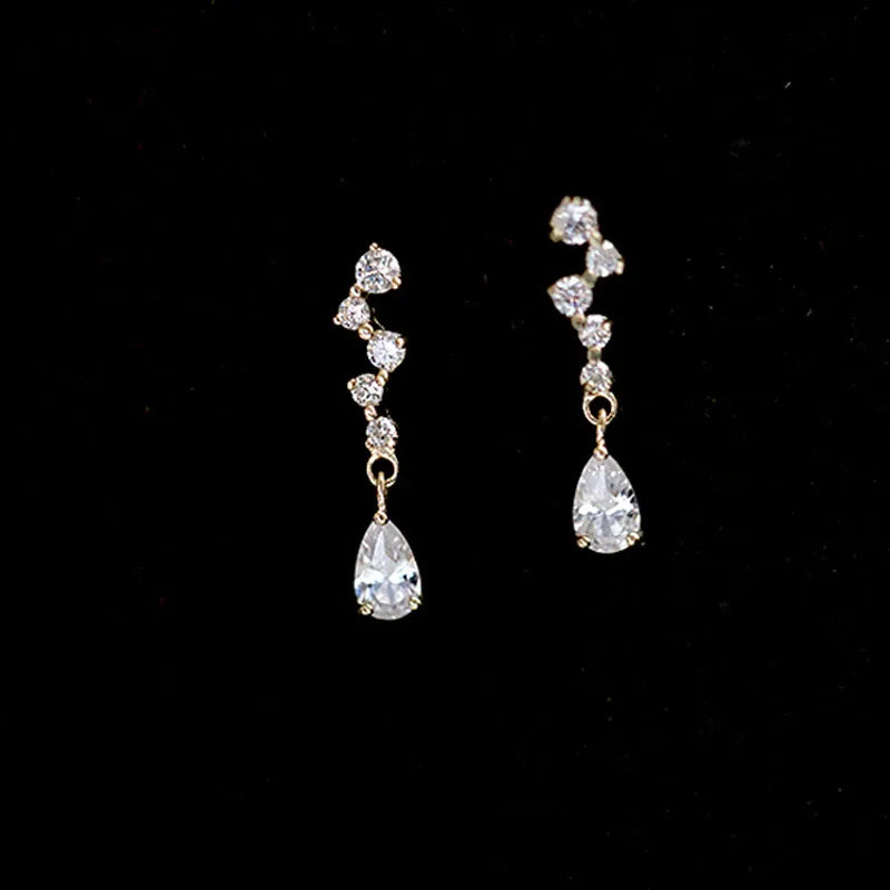 925 Silver Needle Shiny Zircon Stud Earrings - Gold Plating