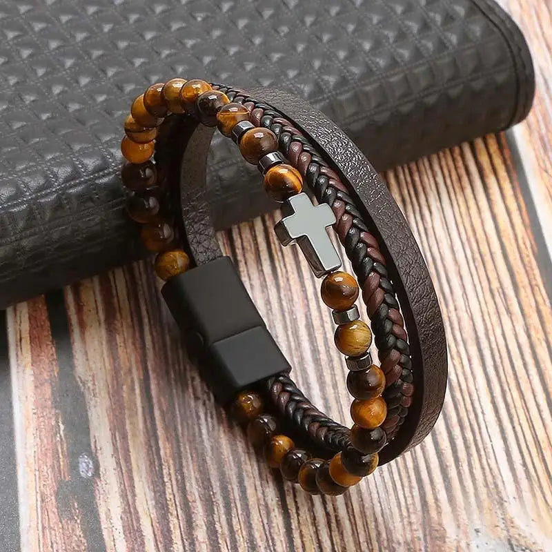 High Quality Tiger Eye Leather Bracelet - Multi-Layer Men's