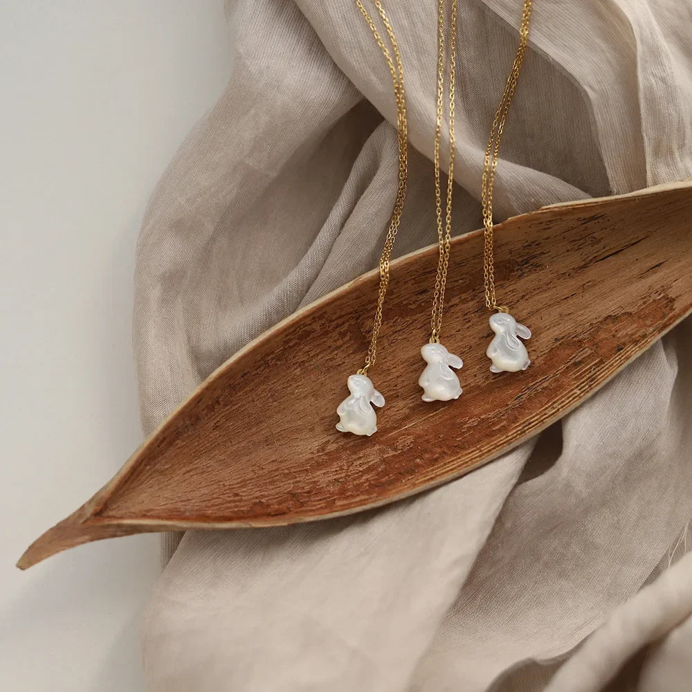 Jade Rabbit White Shell Necklace - 18K Gold Moon Pendant