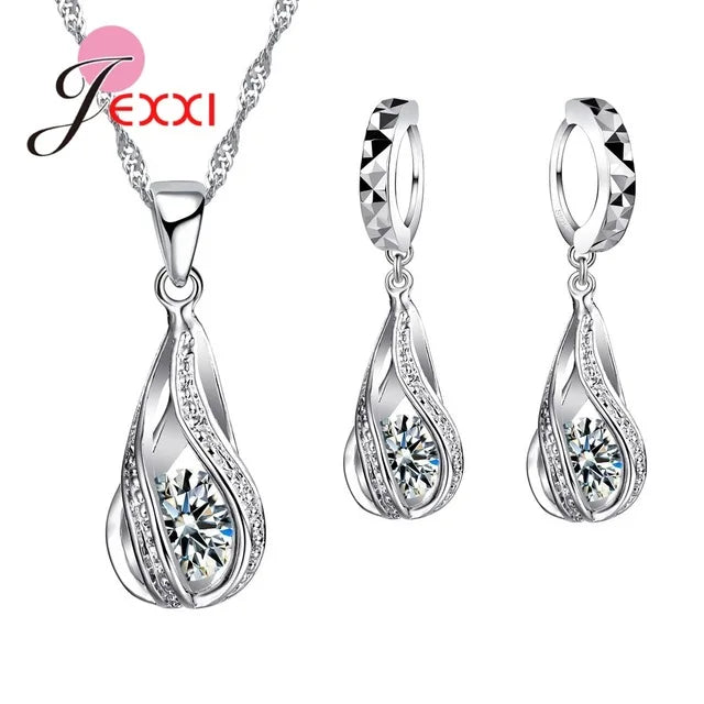 925 Sterling Silver CZ Jewelry Set - Water Drop Design