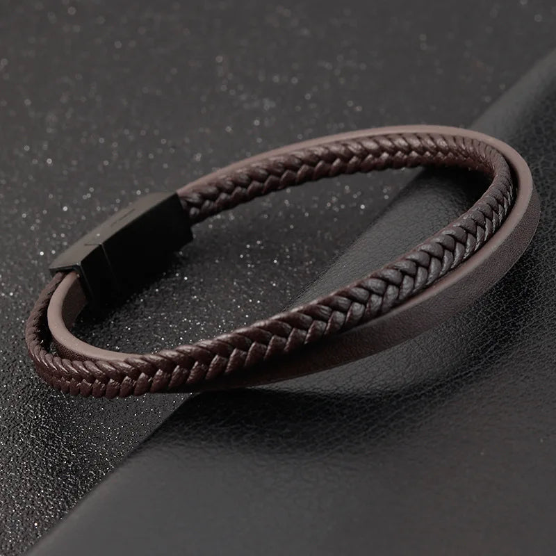 Simple Black Leather Bracelet - Double-Layer Braid Men's