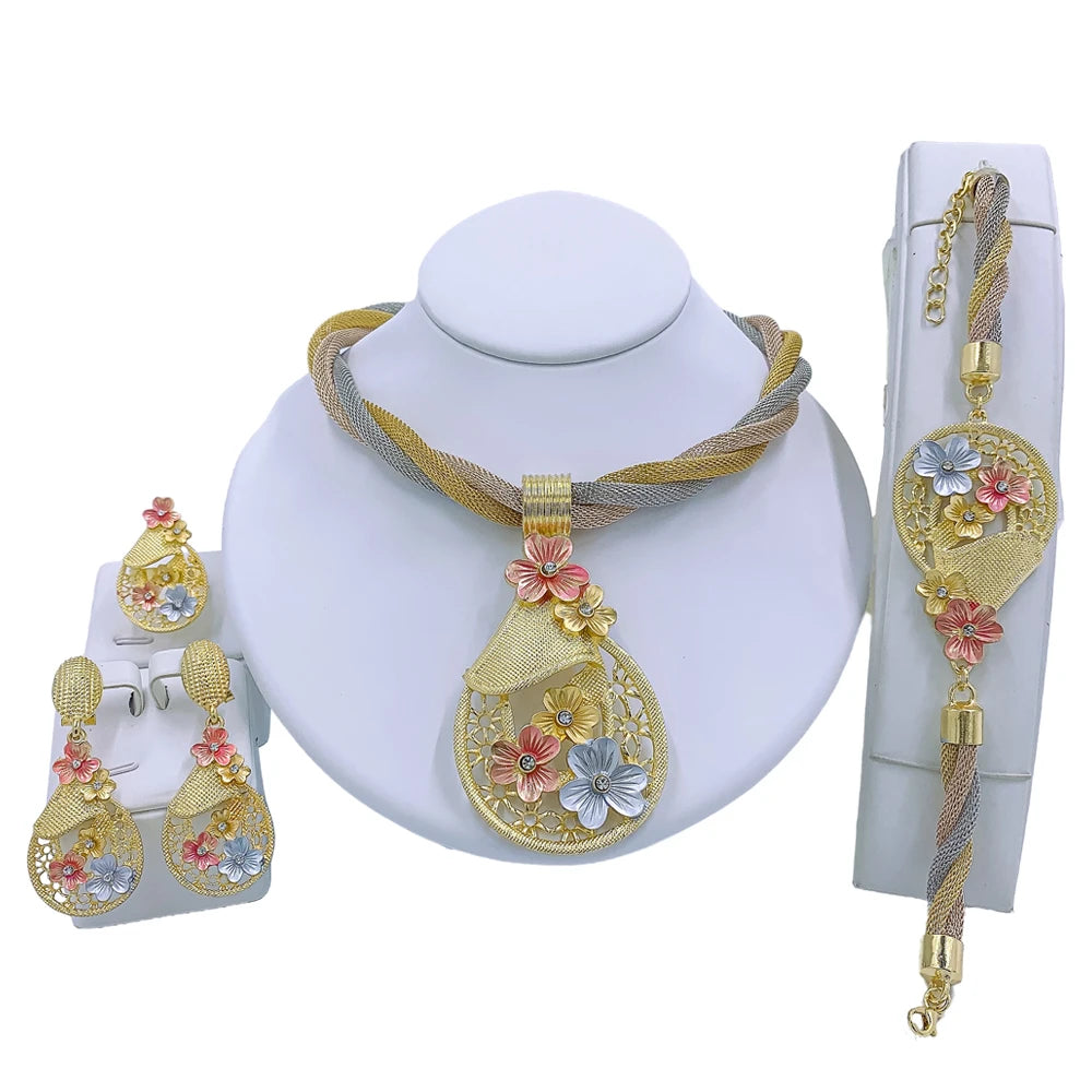 African Dubai Gold Jewelry Set - 4PC Wedding Bridal Flower