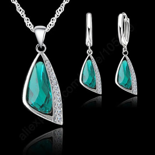 925 Sterling Silver Green Crystal Jewelry Set - Triangle Design