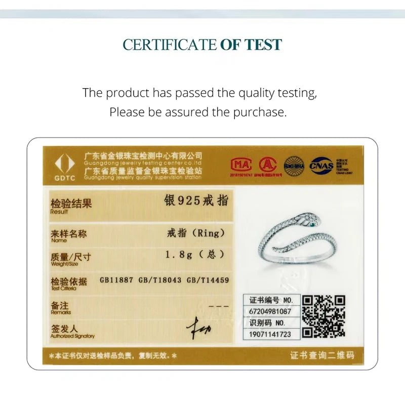 BAMOER 925 Silver Snake Ring - Green Zircon Adjustable