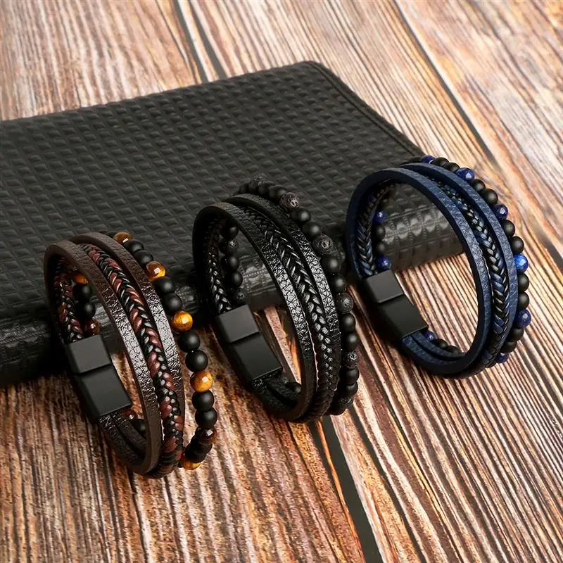 High Quality Tiger Eye Leather Bracelet - Multi-Layer Men's
