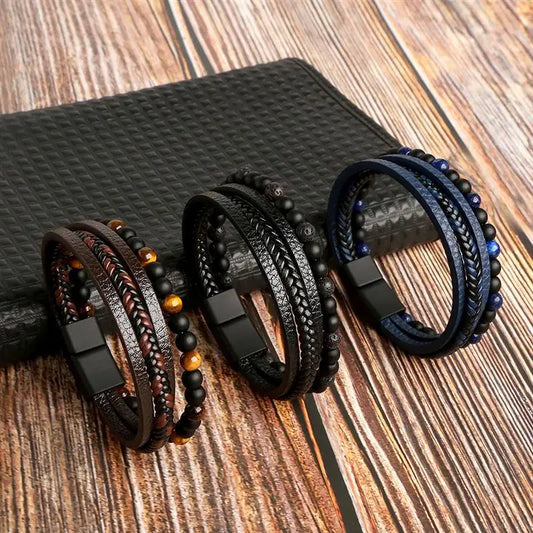 High Quality Tiger Eye Leather Bracelet - Multi-Layer Men's