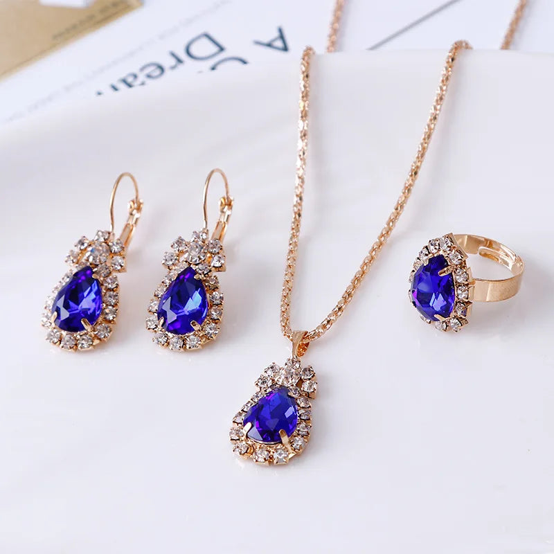 Blue Crystal Jewelry Set - Ring Necklace Earrings Wedding