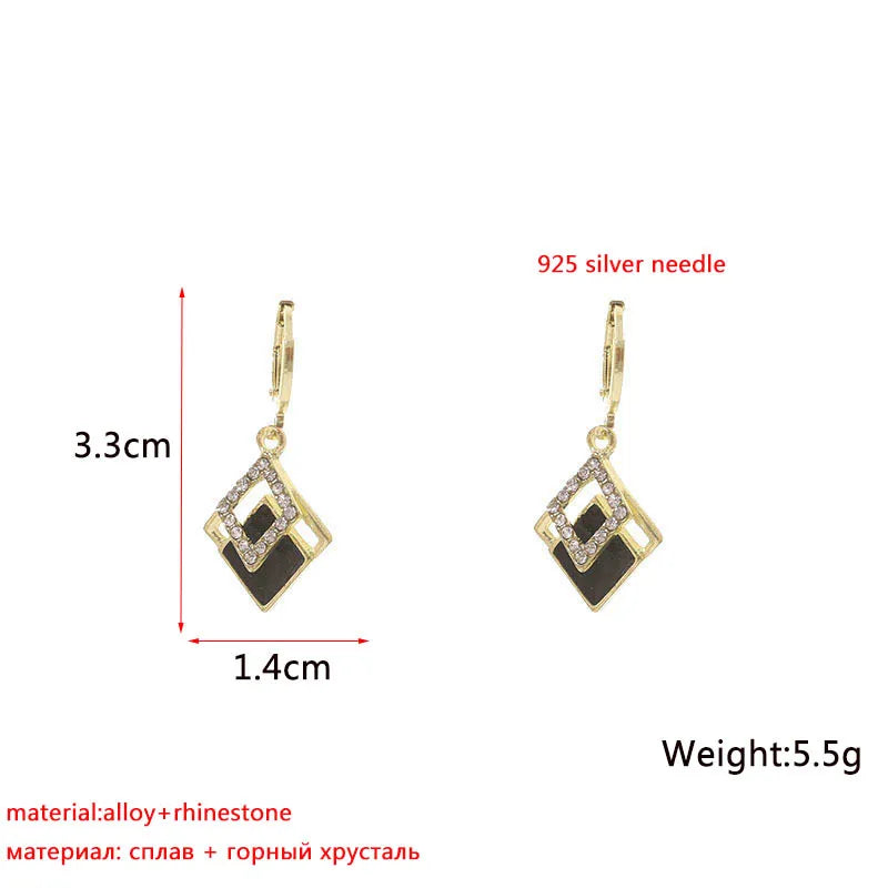 Black Rhombus Drop Earrings - Gold Rhinestone Statement